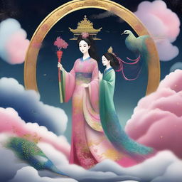 Generate an image of a mysterious Chinese goddess and her master in the sky, both holding canes, accompanied by a peacock, surrounded by stars and clouds