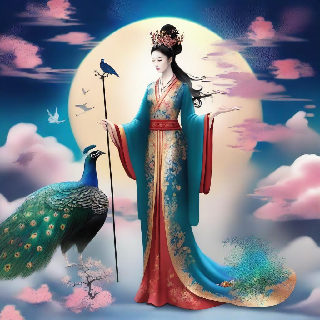 Generate an image of a mysterious Chinese goddess and her master in the sky, both holding canes, accompanied by a peacock, surrounded by stars and clouds