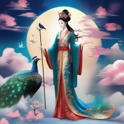 Generate an image of a mysterious Chinese goddess and her master in the sky, both holding canes, accompanied by a peacock, surrounded by stars and clouds