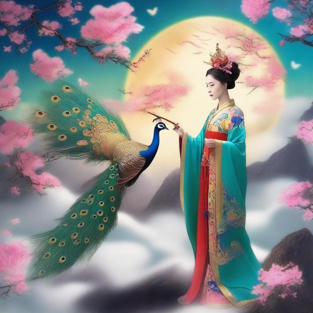 Create an image of a mysterious Chinese goddess in the sky, with a handsome man standing a little far away from her