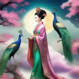 Create an image of a mysterious Chinese goddess in the sky, with a handsome man standing a little far away from her