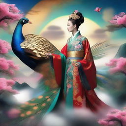 Create an image of a mysterious Chinese goddess in the sky, with a handsome man standing a little far away from her