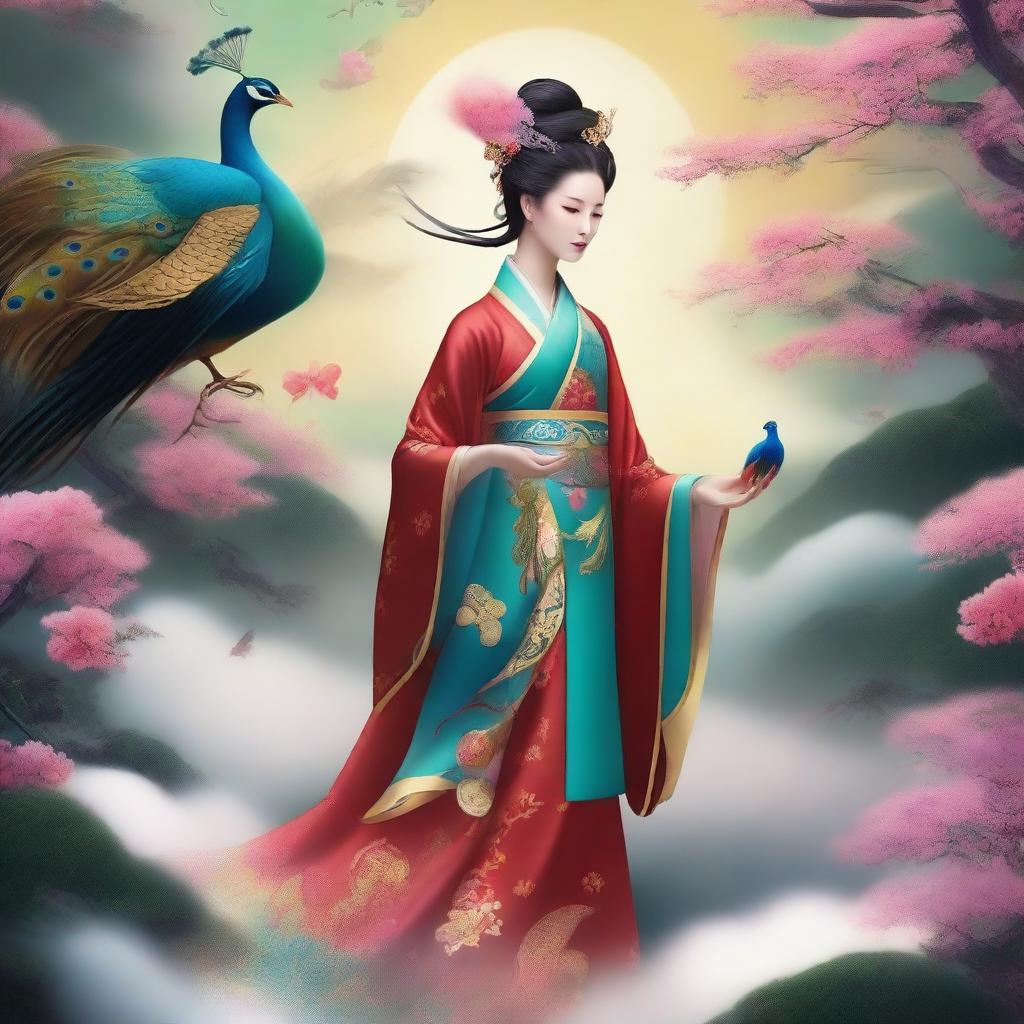 Create an image of a mysterious Chinese goddess in the sky, with a handsome man standing a little far away from her