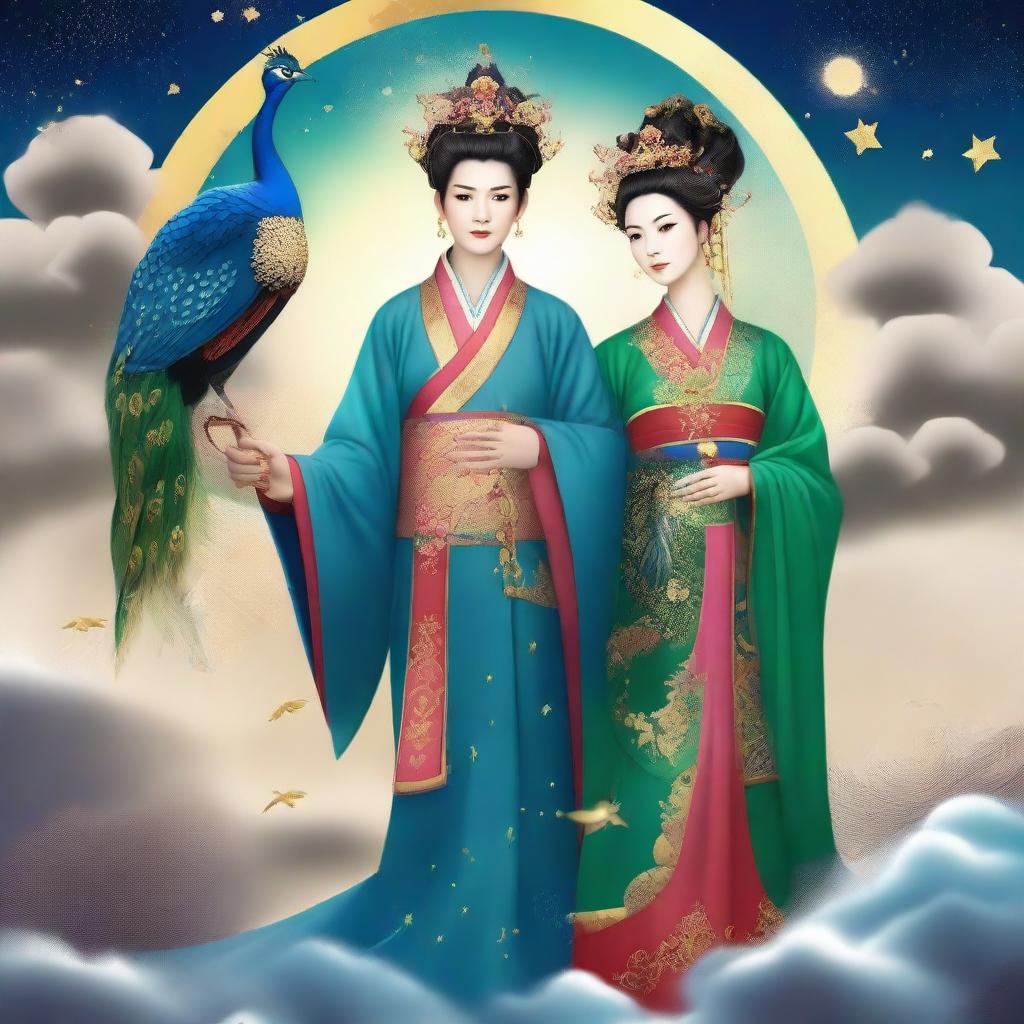 Generate an image of a mysterious Chinese goddess in the sky, holding a cane, accompanied by a peacock, and surrounded by stars and clouds