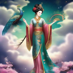 Generate an image of a mysterious Chinese goddess in the sky, holding a cane, accompanied by a peacock, and surrounded by stars and clouds