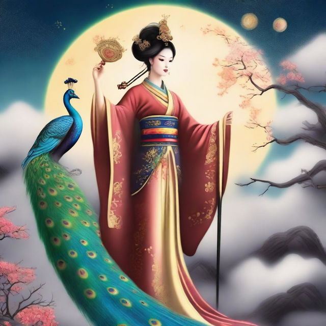 Generate an image of a mysterious Chinese goddess in the sky, holding a cane, accompanied by a peacock, and surrounded by stars and clouds