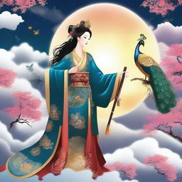 Generate an image of a mysterious Chinese goddess in the sky, holding a cane, accompanied by a peacock, and surrounded by stars and clouds