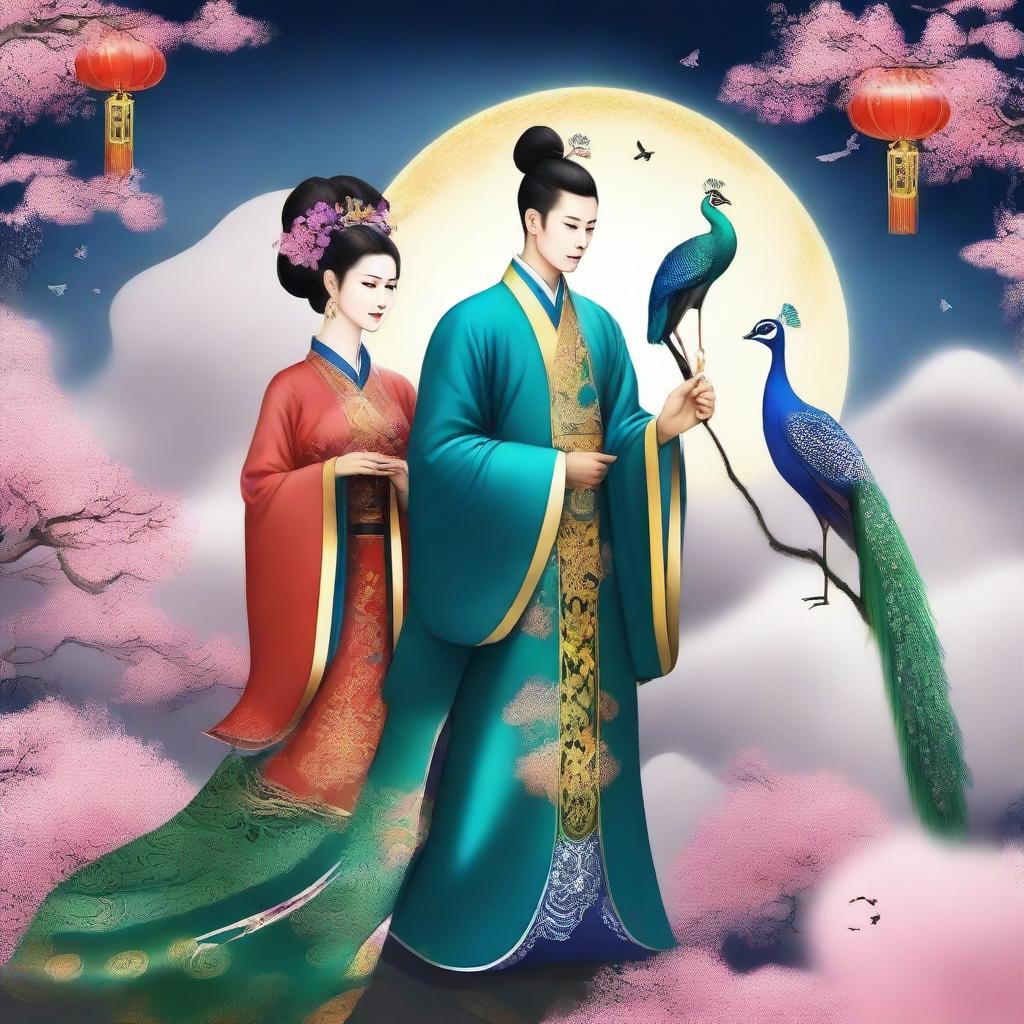 Generate an image of an ancient Chinese couple, a wife and husband, situated in the sky