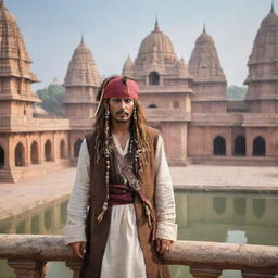 Captain Jack Sparrow in traditional Indian attire, visiting the historical city of Ayodhya and viewing the statue of Ram Lala, with intricate Indian architecture in the backdrop