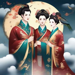 Generate an image of an ancient Chinese couple, a wife and husband, situated in the sky