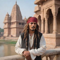 Captain Jack Sparrow in traditional Indian attire, visiting the historical city of Ayodhya and viewing the statue of Ram Lala, with intricate Indian architecture in the backdrop