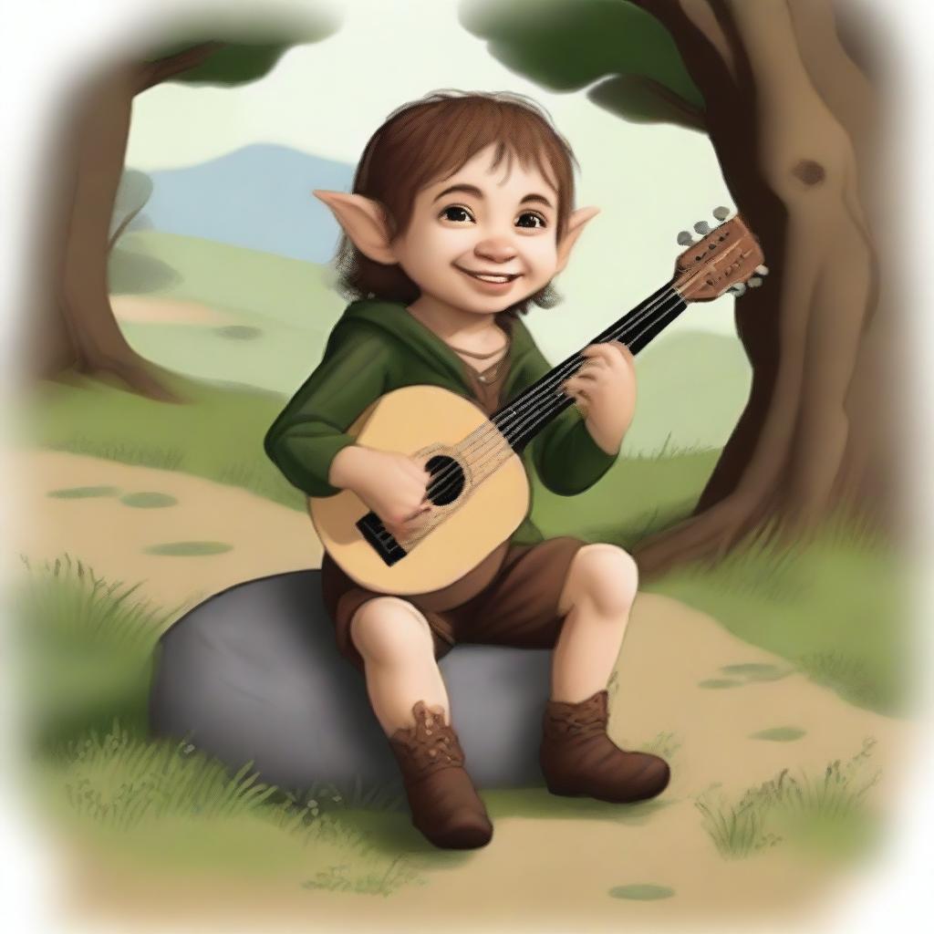 Generate an image of a halfling, a small humanoid creature known for their love of comfort and peace, holding a lute