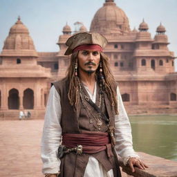 Captain Jack Sparrow in traditional Indian attire, visiting the historical city of Ayodhya and viewing the statue of Ram Lala, with intricate Indian architecture in the backdrop