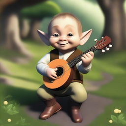 Generate an image of a halfling, a small humanoid creature known for their love of comfort and peace, holding a lute