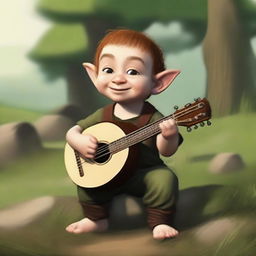 Generate an image of a halfling, a small humanoid creature known for their love of comfort and peace, holding a lute