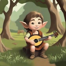 Generate an image of a halfling, a small humanoid creature known for their love of comfort and peace, holding a lute