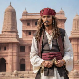 Captain Jack Sparrow in traditional Indian attire, visiting the historical city of Ayodhya and viewing the statue of Ram Lala, with intricate Indian architecture in the backdrop