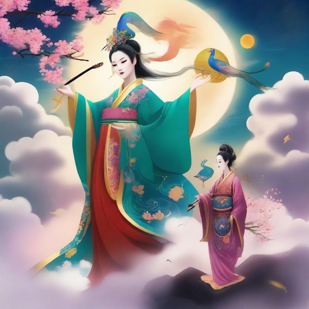 Create an image of a mysterious Chinese goddess and a Daoist monk in the sky