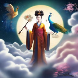 Create an image of a mysterious Chinese goddess and a Daoist monk in the sky