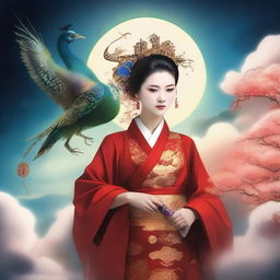 Create an image of a mysterious Chinese goddess and a Daoist monk in the sky