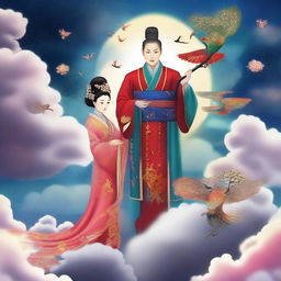 Create an image of a mysterious Chinese goddess and a Daoist monk in the sky