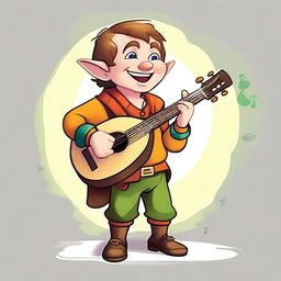 Generate an image of a cheerful halfling bard