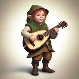 Generate an image of a halfling bard in a realistic style