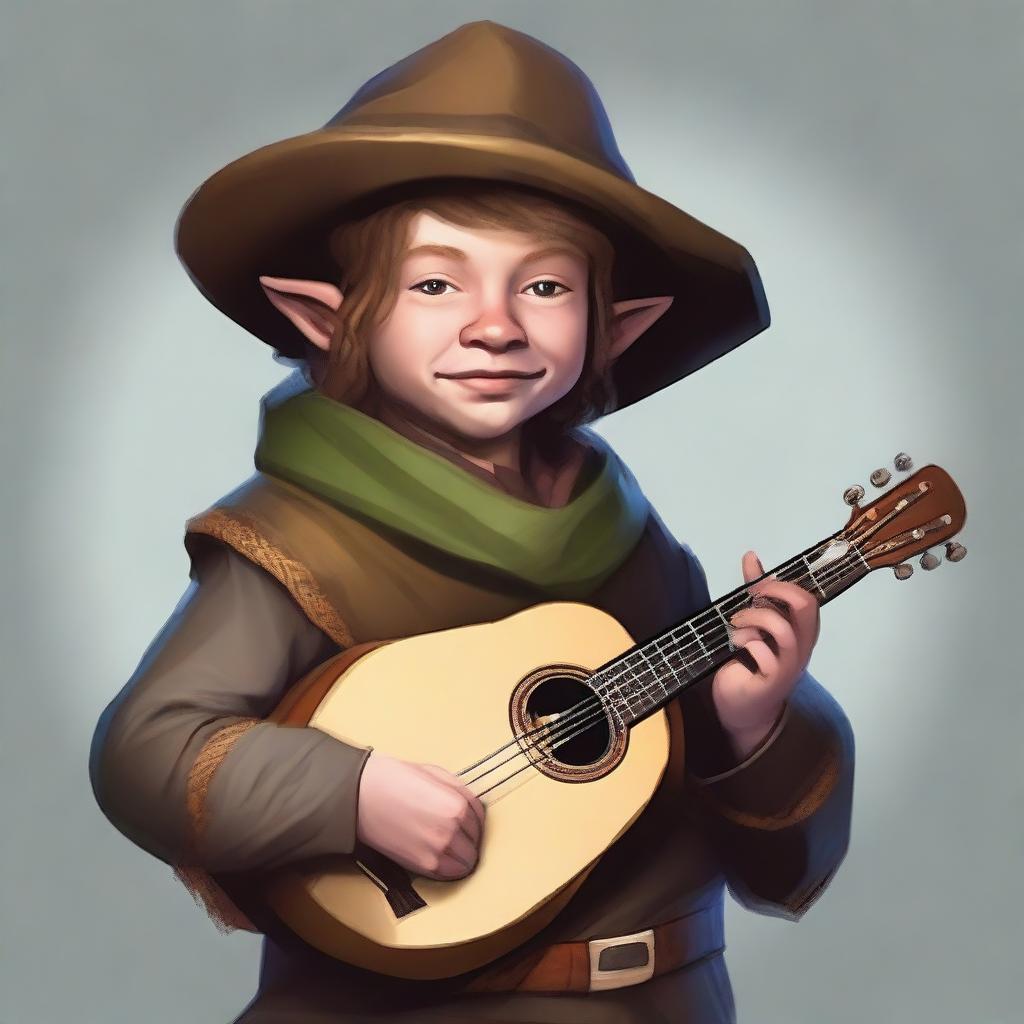 Generate an image of a halfling bard in a realistic style