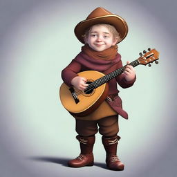 Generate an image of a halfling bard in a realistic style