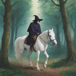 Anime style illustration of a youthful king and a witch seated on a horse, viewed from behind, journeying through an enchanting forest