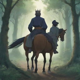 Anime style illustration of a youthful king and a witch seated on a horse, viewed from behind, journeying through an enchanting forest