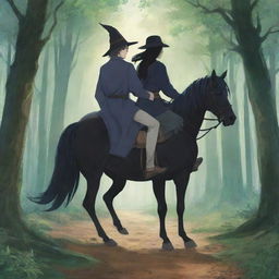 Anime style illustration of a youthful king and a witch seated on a horse, viewed from behind, journeying through an enchanting forest