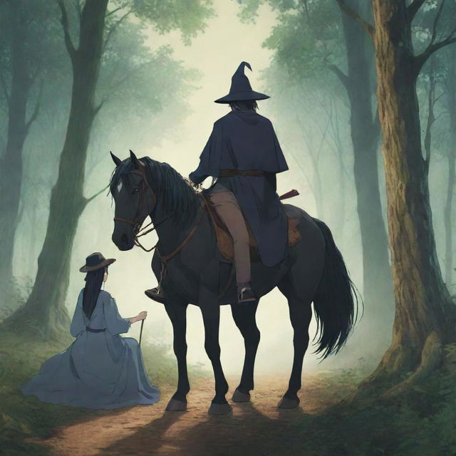 Anime style illustration of a youthful king and a witch seated on a horse, viewed from behind, journeying through an enchanting forest