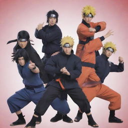 A group picture of the main characters from Naruto, including Naruto Uzumaki, Sasuke Uchiha, and Sakura Haruno, in their classic ninja outfits in a dynamic pose