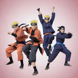 A group picture of the main characters from Naruto, including Naruto Uzumaki, Sasuke Uchiha, and Sakura Haruno, in their classic ninja outfits in a dynamic pose