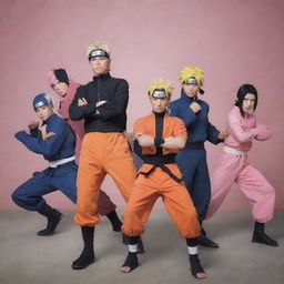 A group picture of the main characters from Naruto, including Naruto Uzumaki, Sasuke Uchiha, and Sakura Haruno, in their classic ninja outfits in a dynamic pose