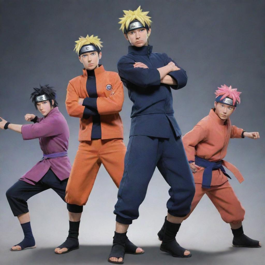 A group picture of the main characters from Naruto, including Naruto Uzumaki, Sasuke Uchiha, and Sakura Haruno, in their classic ninja outfits in a dynamic pose