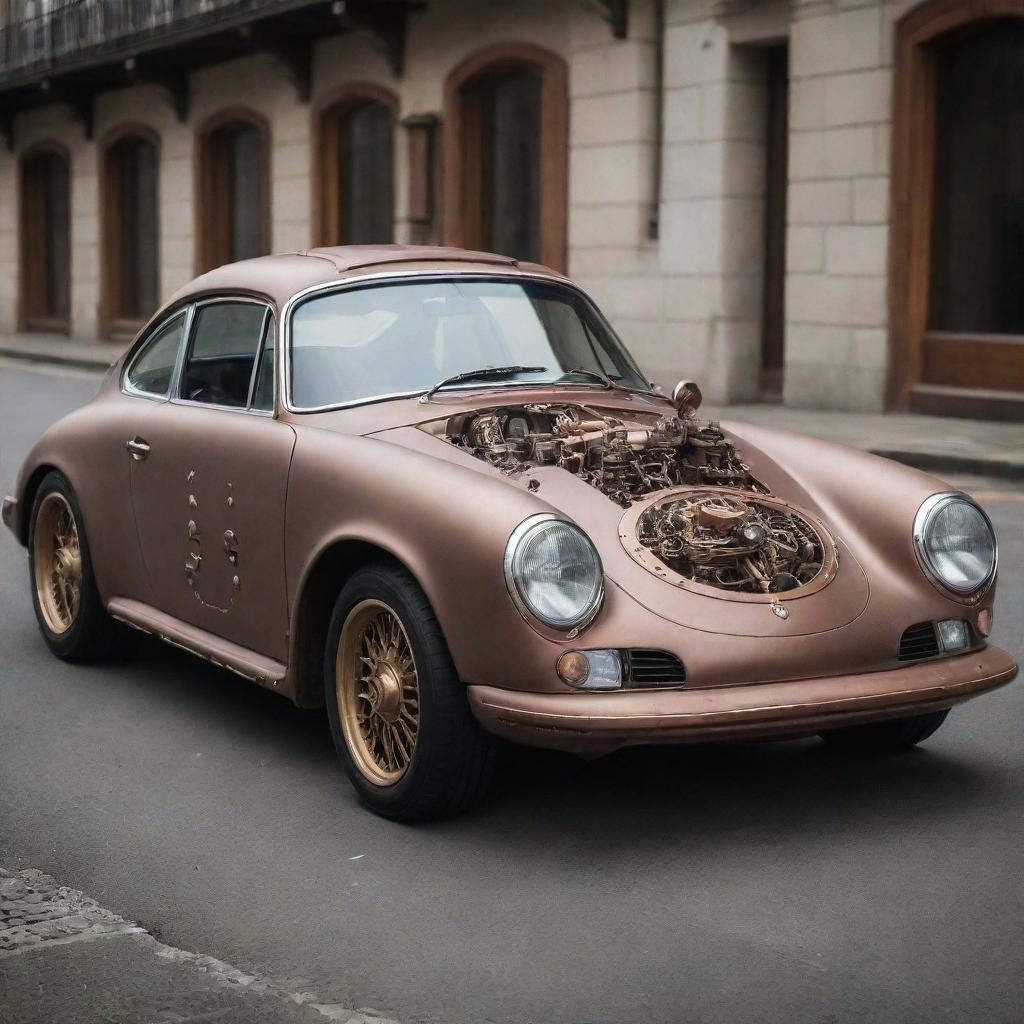 A Porsche re-envisioned in a steampunk style, blending the car's modern sleekness with the complex retro-gears and aesthetics distinctive to steampunk.