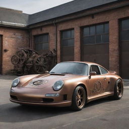 A Porsche re-envisioned in a steampunk style, blending the car's modern sleekness with the complex retro-gears and aesthetics distinctive to steampunk.