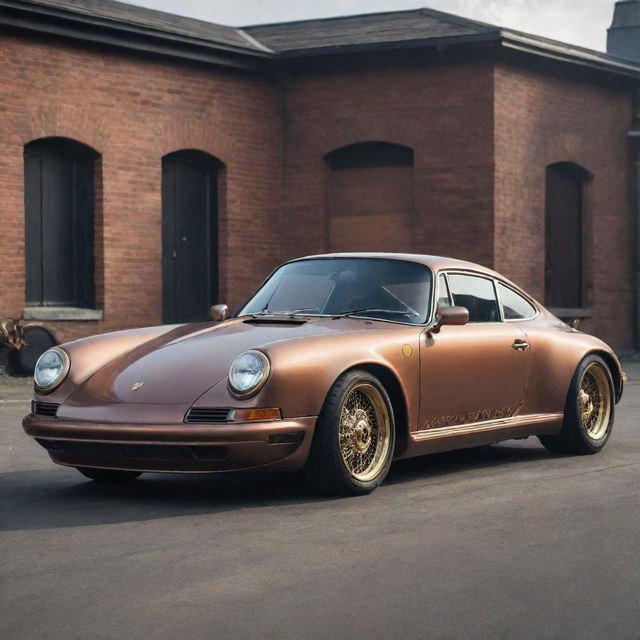 A Porsche re-envisioned in a steampunk style, blending the car's modern sleekness with the complex retro-gears and aesthetics distinctive to steampunk.