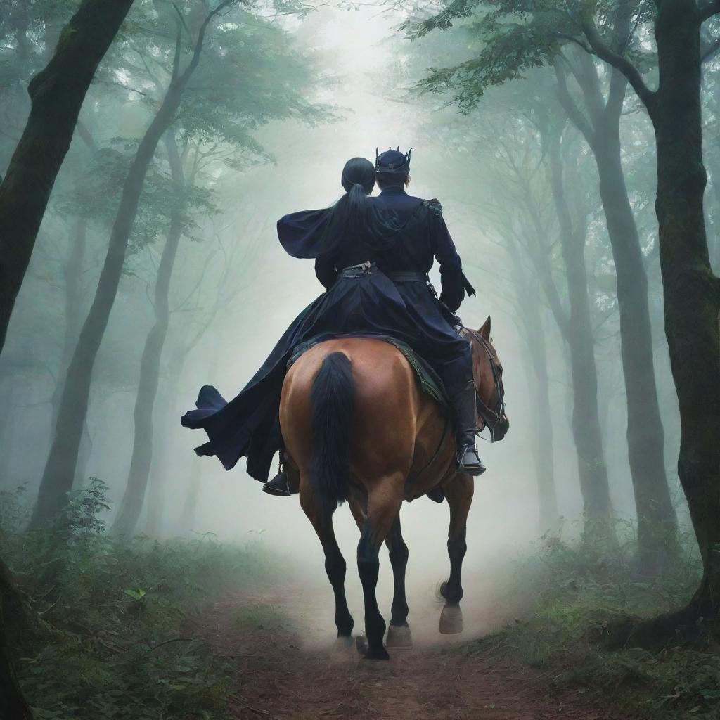 Anime style image of a youthful king and witch riding a shared horse, viewed from behind, traversing a mystical forest.