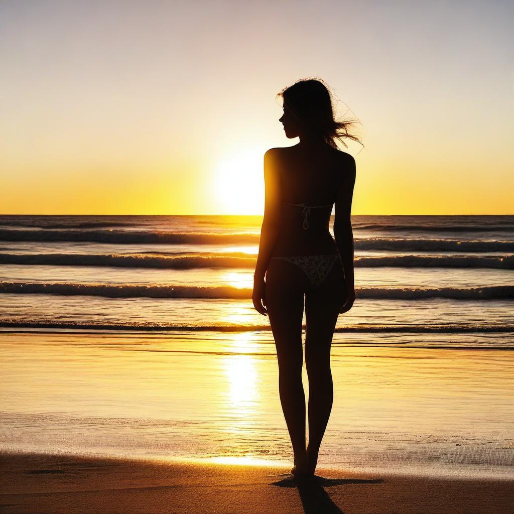 Generate an image of a girl in a bikini, standing on a beach with the sun setting in the background