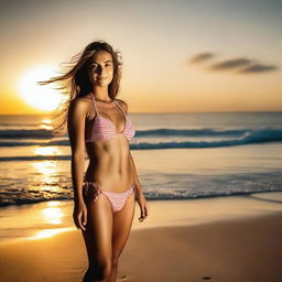 Generate an image of a girl in a bikini, standing on a beach with the sun setting in the background