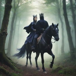 Anime style image of a youthful king and witch riding a shared horse, viewed from behind, traversing a mystical forest.