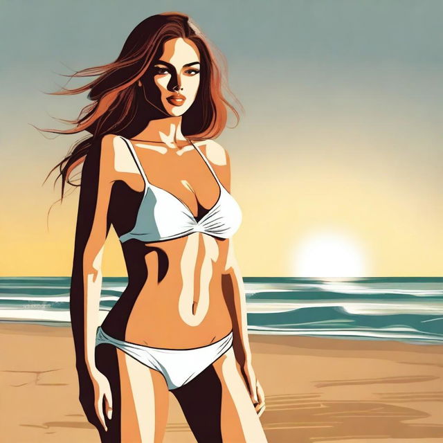 Generate an image of a slim woman with curvy features in a bikini