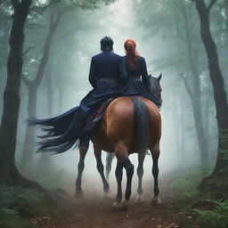 Anime style image of a youthful king and witch riding a shared horse, viewed from behind, traversing a mystical forest.