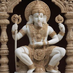 A resplendent murti of Ram Lala, ornately decorated and carved from marble, with intricate detailing expressing divine serenity and strength.