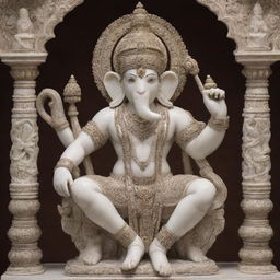 A resplendent murti of Ram Lala, ornately decorated and carved from marble, with intricate detailing expressing divine serenity and strength.