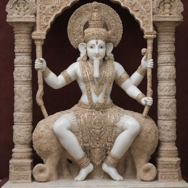 A resplendent murti of Ram Lala, ornately decorated and carved from marble, with intricate detailing expressing divine serenity and strength.