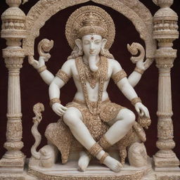 A resplendent murti of Ram Lala, ornately decorated and carved from marble, with intricate detailing expressing divine serenity and strength.